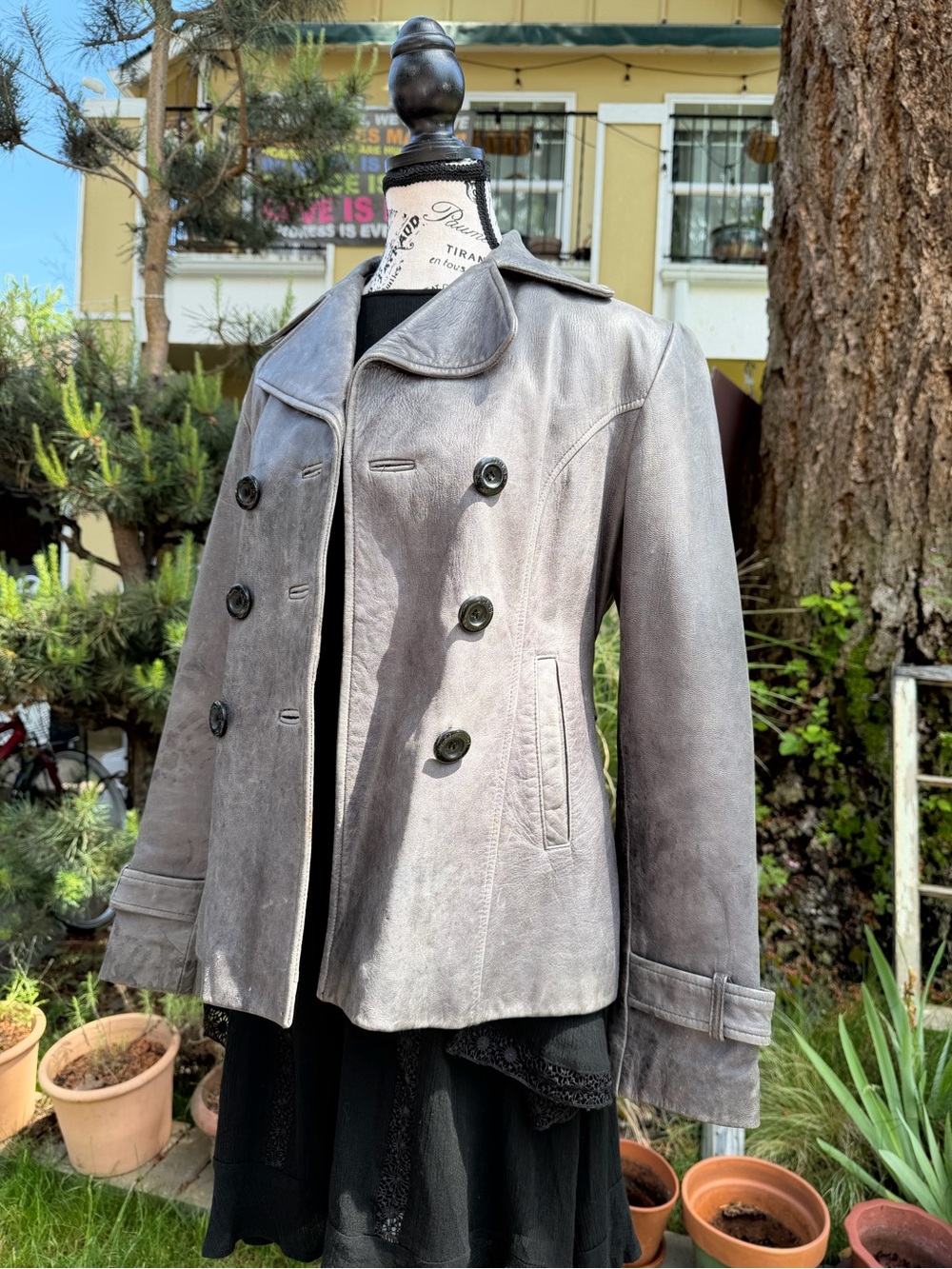 Guess Gray Double-Breasted Leather Peacoat